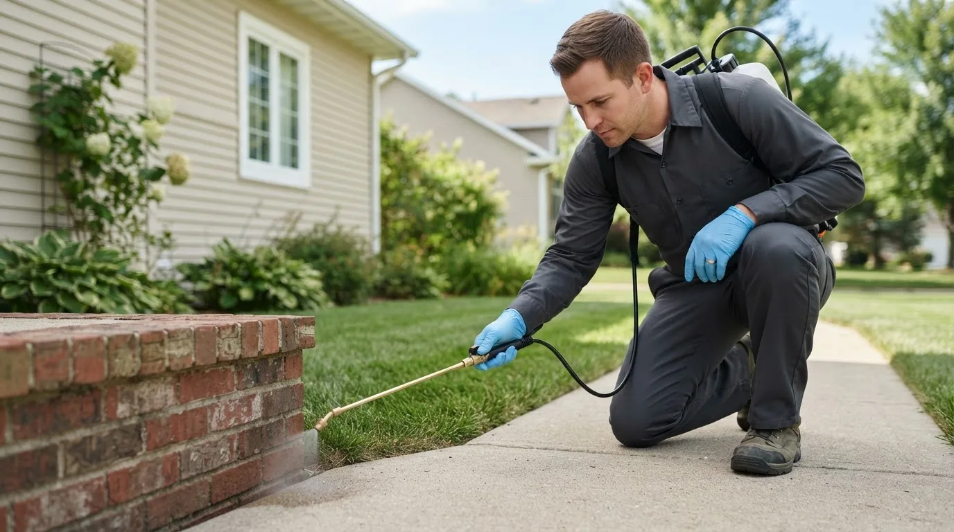 Pest control technician treating a home near Albany, OK